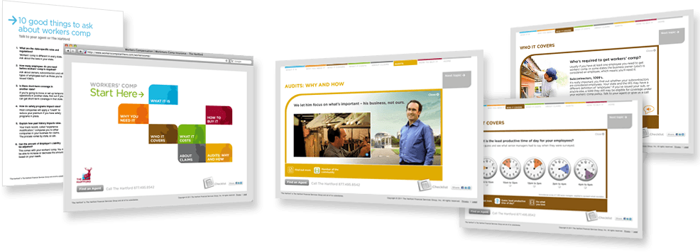 Work samples of educational microsite for The Hartford on workers comp.