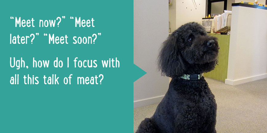 'Meet now?' 'Meet later?' 'Meet soon?' Ugh, how do I focus with all this talk of meat?