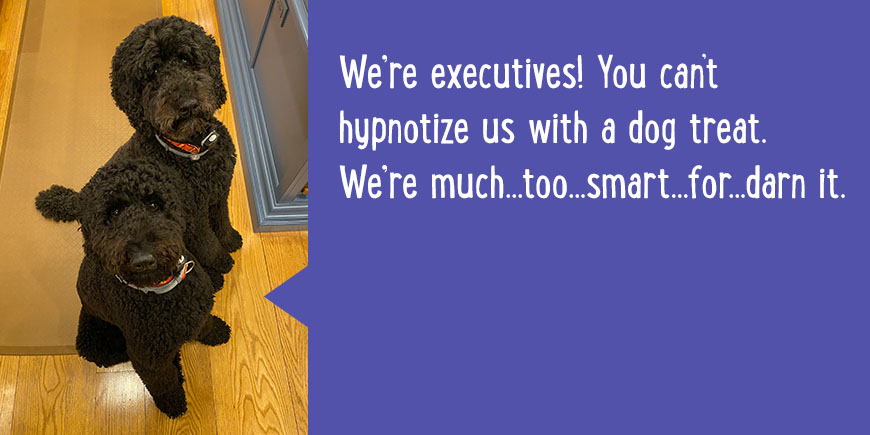 We're executives! You can't hypnotize us with a dog treat. We're much...too...smart...for...darn it.  