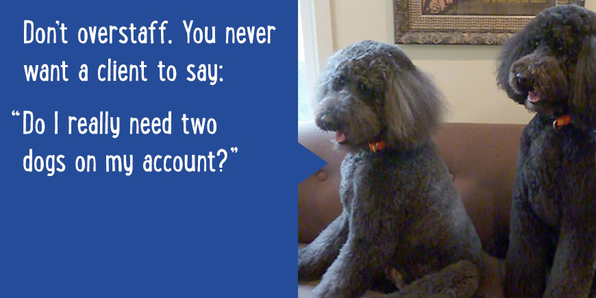 Don't overstaff. You never want a client to say: Do I really need two dogs on my account?